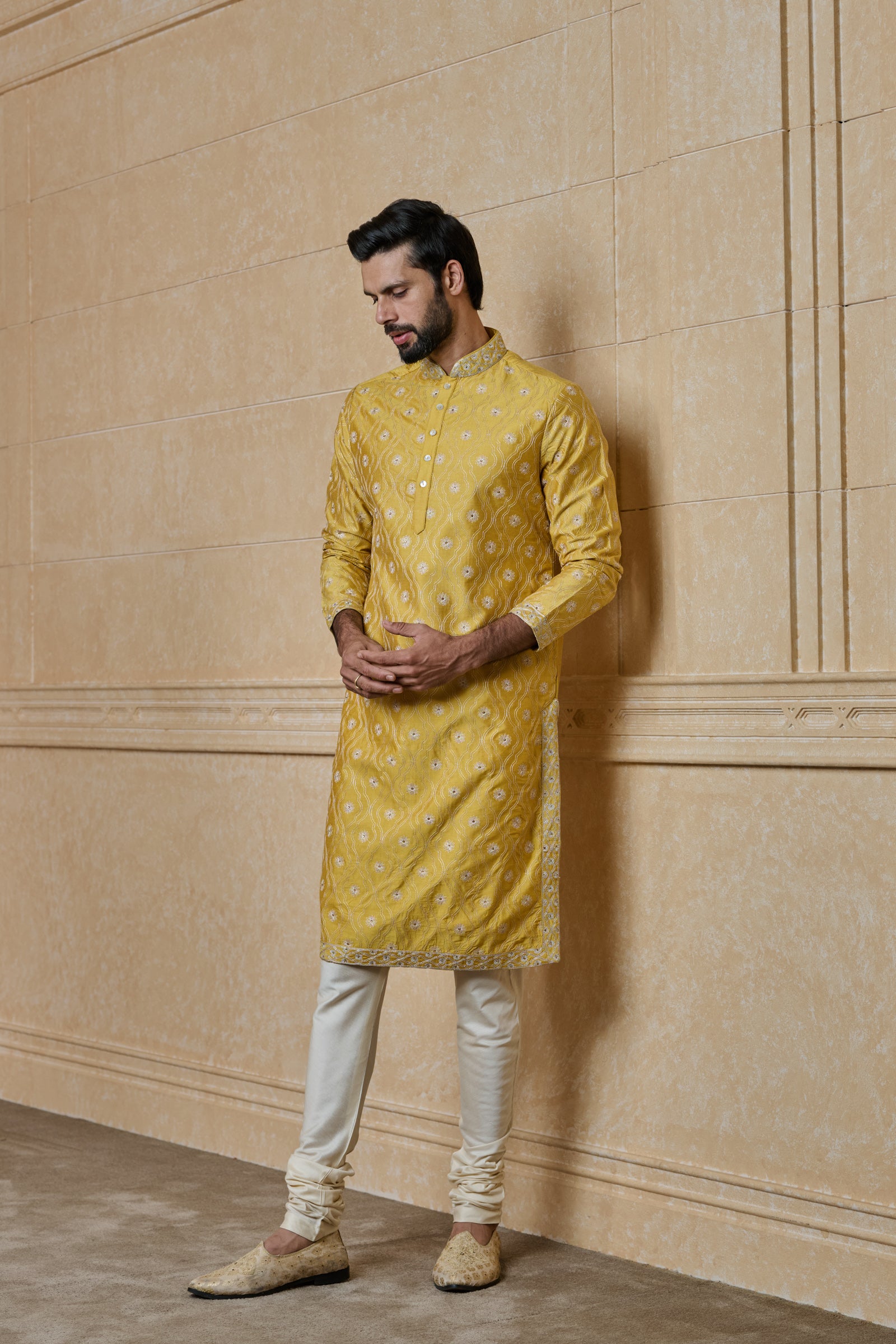 All Over Thread Jaal With Embroidery Neck With Gold Churidar