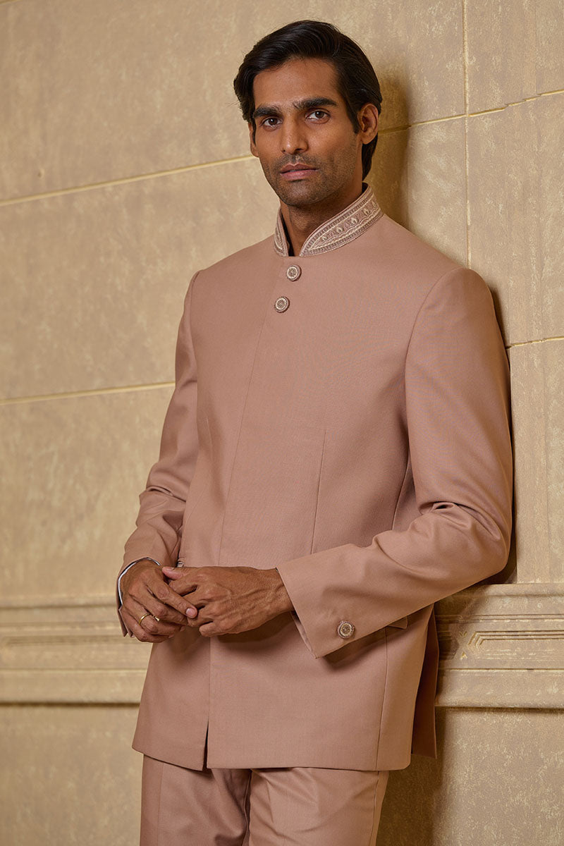 Peach Classic Bandhgala With Embroidery Detail