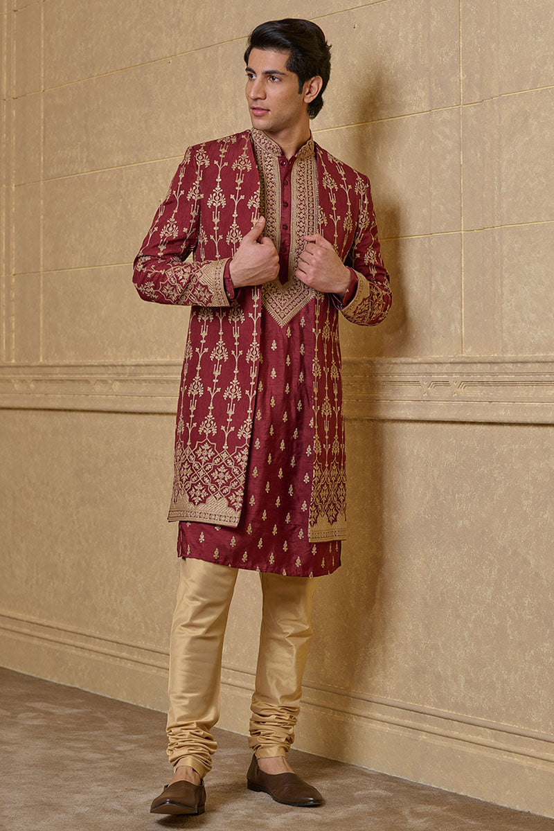 Rust Open Front Embroidered Sherwani