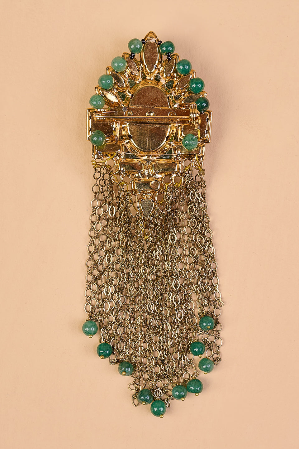 Emerald Crystal Brooch With Metal Chain Drops