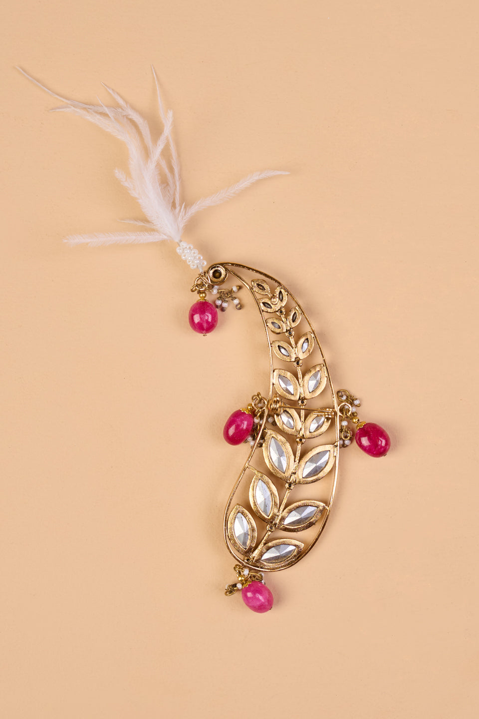 Ambi Shaped Sarpech With Maroon Drop Beads & Feather Detail