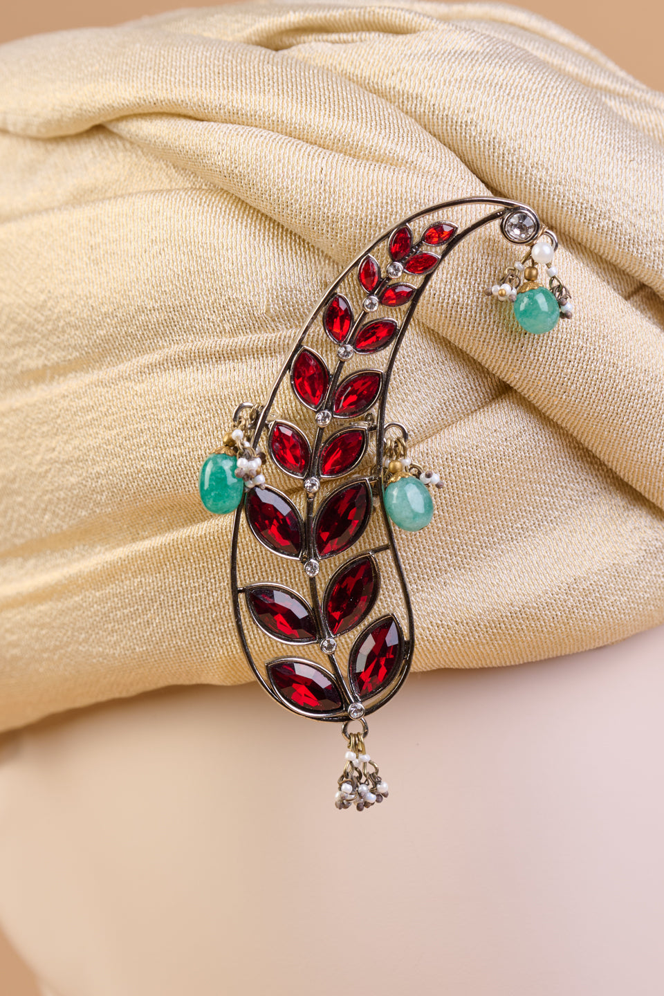 Ambi Shaped Sarpech With Green Drop Beads & Feather Detail