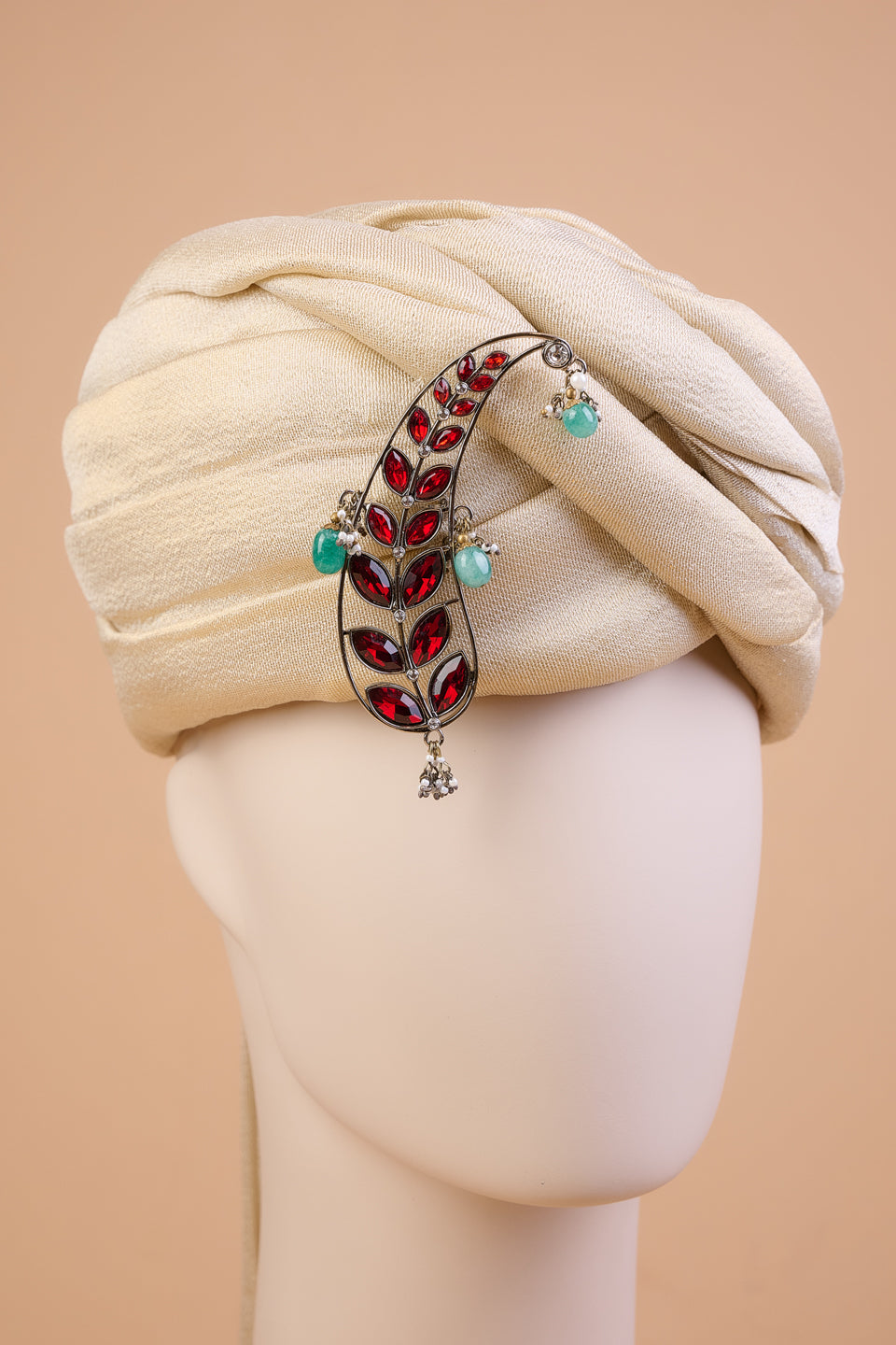 Ambi Shaped Sarpech With Green Drop Beads & Feather Detail