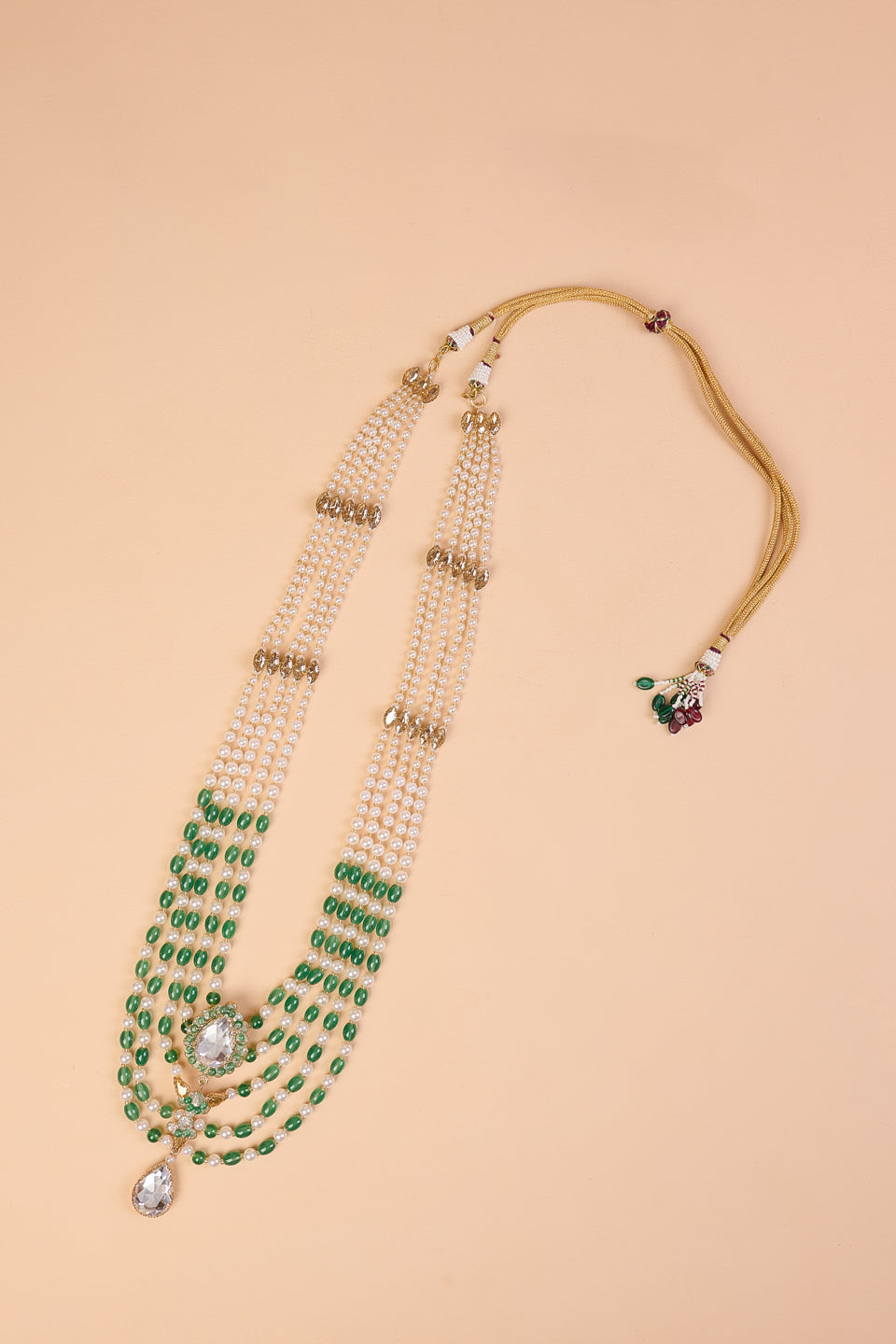5 Layered Green & Ivpory Beads Mala With Centre Drop Crystal