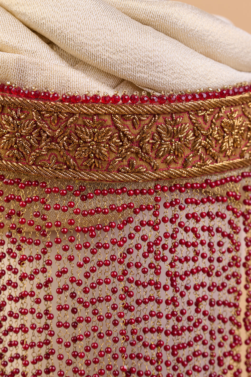 Red Embroidered Sehra With Glass Drop Beads