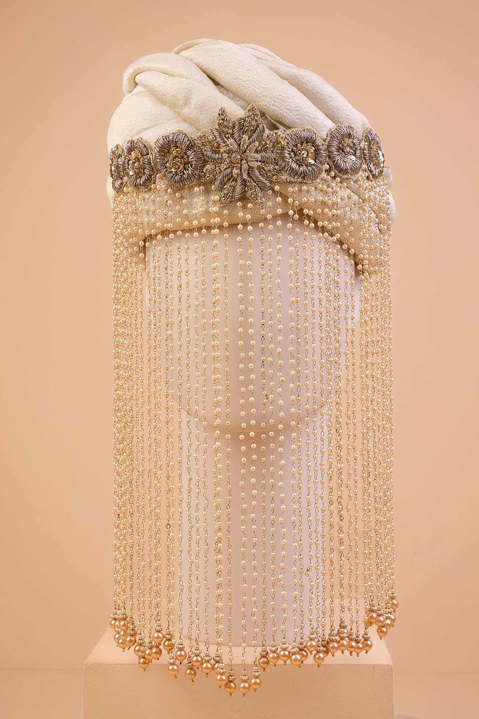 Golden Embroidered Sehra With Glass Drop Beads