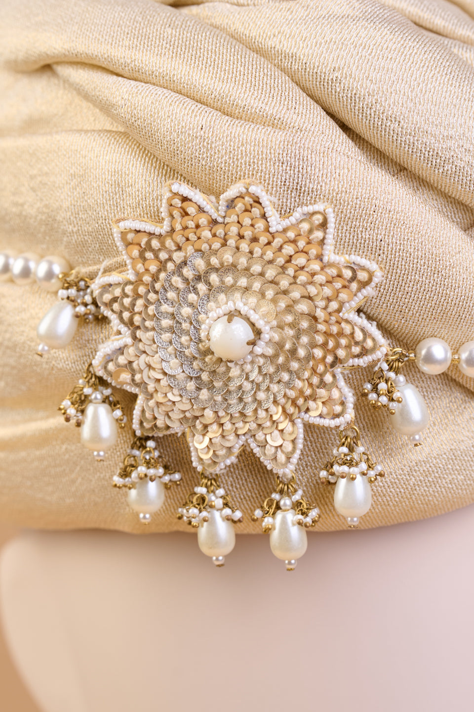Gold Embroidered Centre Flower Sehra With Pearl String
