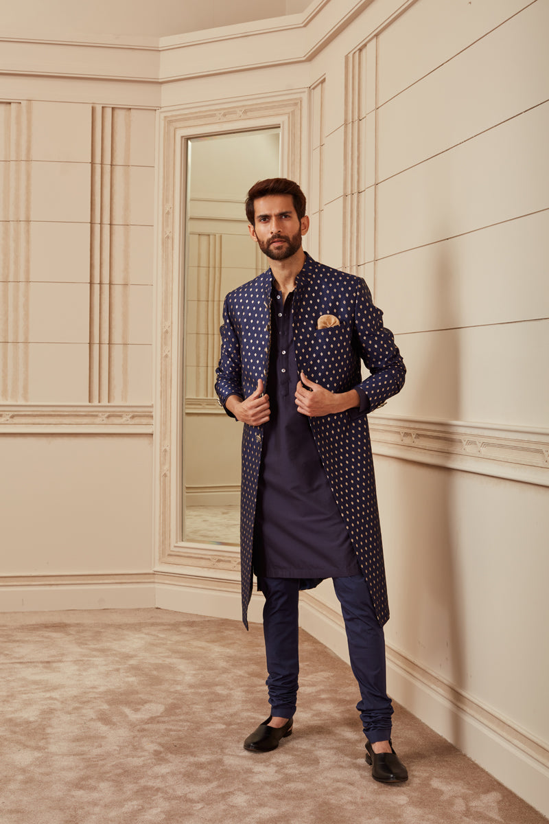 Navy Tanchoi Brocade Sherwani