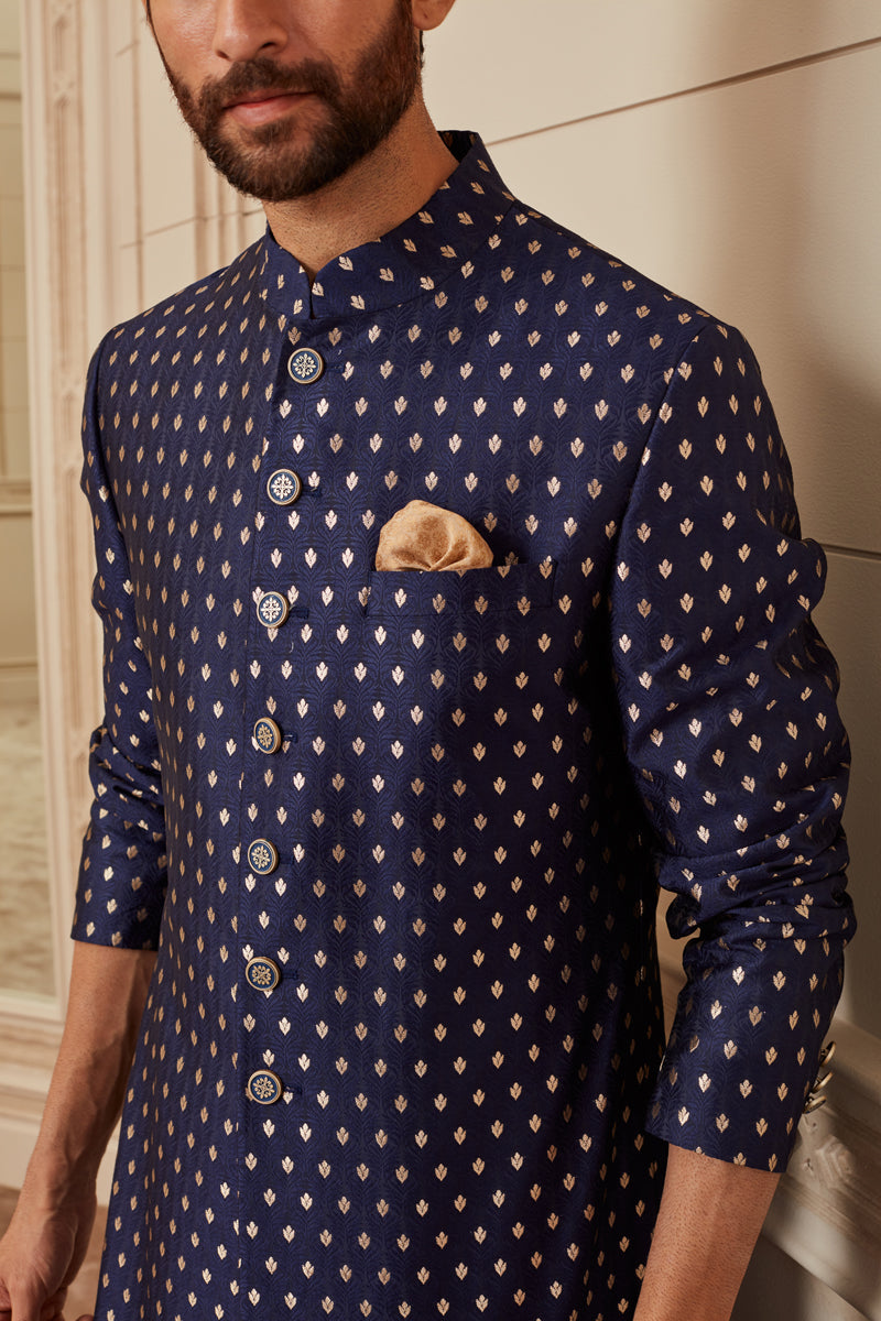 Navy Tanchoi Brocade Sherwani