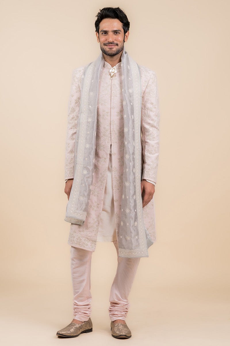 Embroidered Sherwani In Pearl Highlights