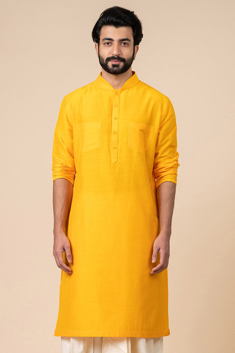 Yellow Single Kurta With Two Front Pockets