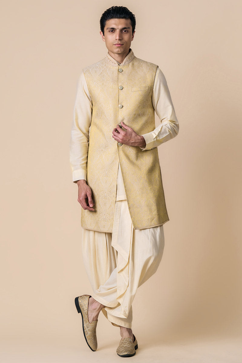 Gold Sleevless Achkan With Embroidered Collar