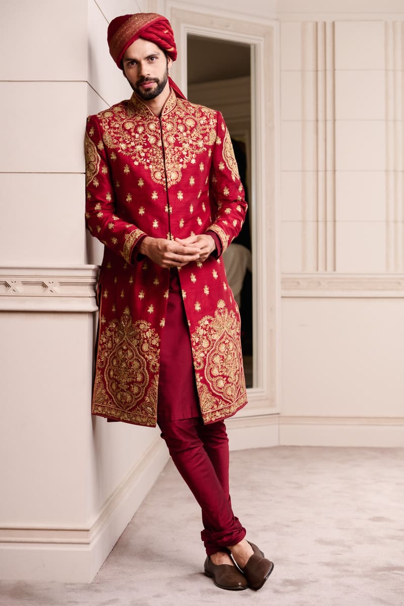 Maroon All Over Embroidered Sherwani
