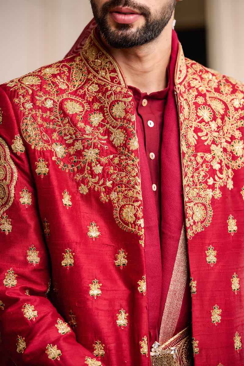 Maroon All Over Embroidered Sherwani