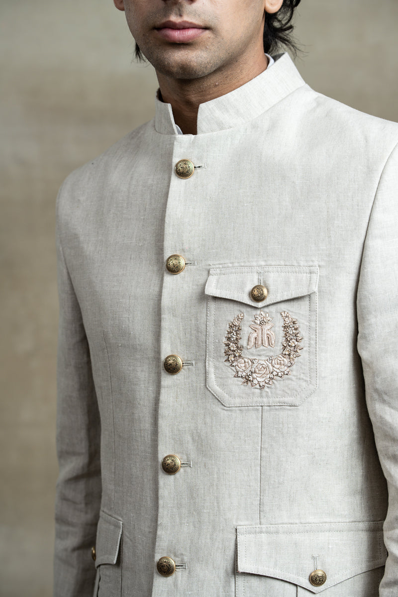 Bandhgala In Linen With Military Details