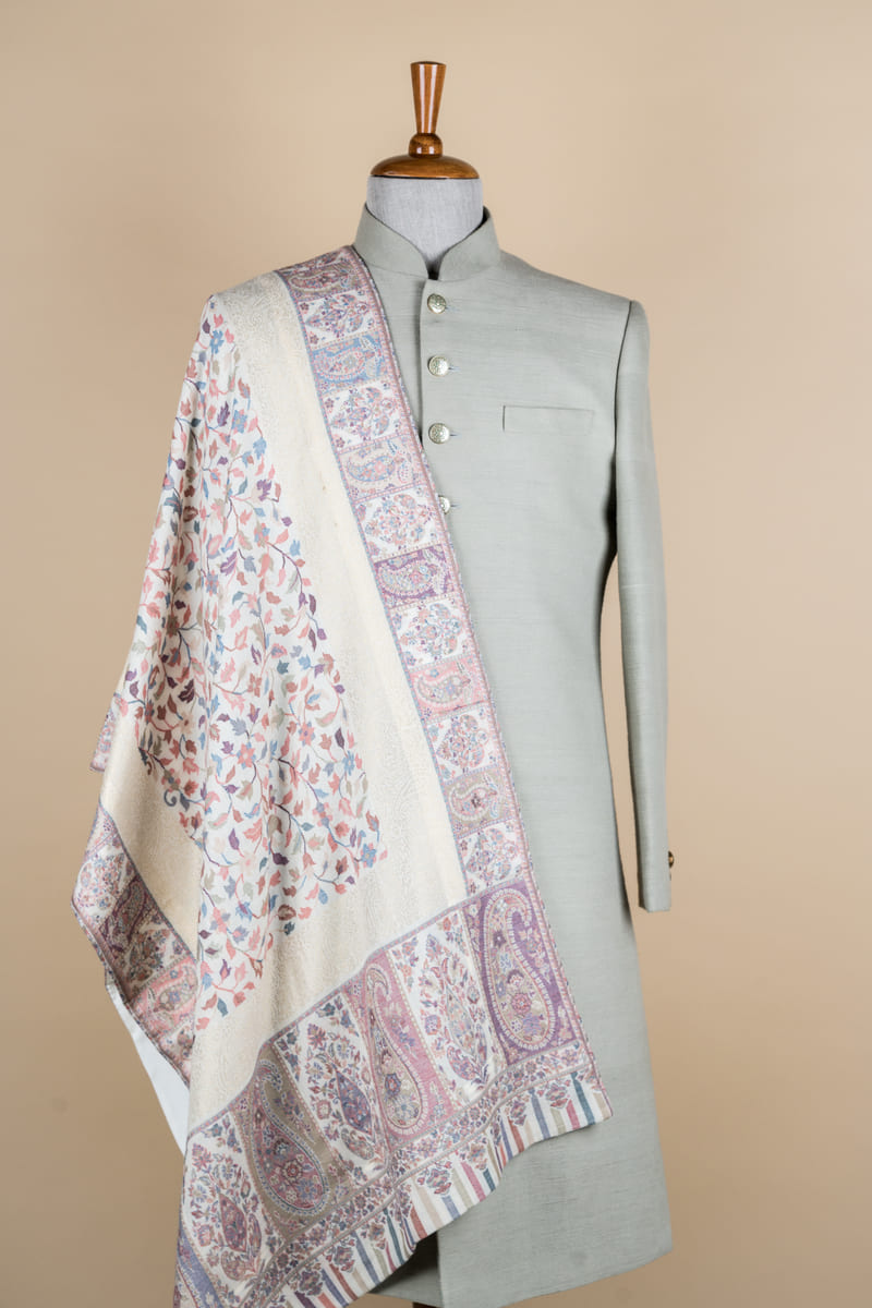 Light Coloured Floral Patterned  Stole With Dark Border