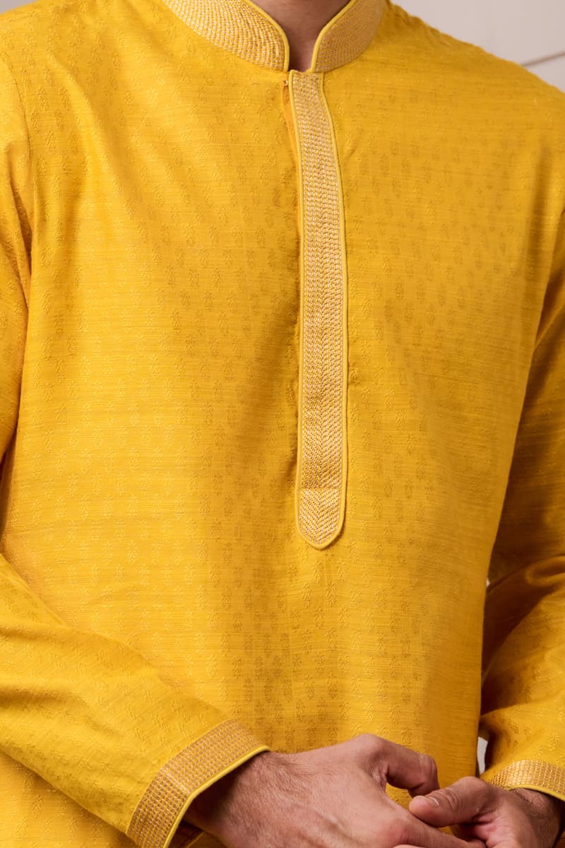 Yellow Jacquared Kurta Set with Top Stich Detailing on Placket and Collar