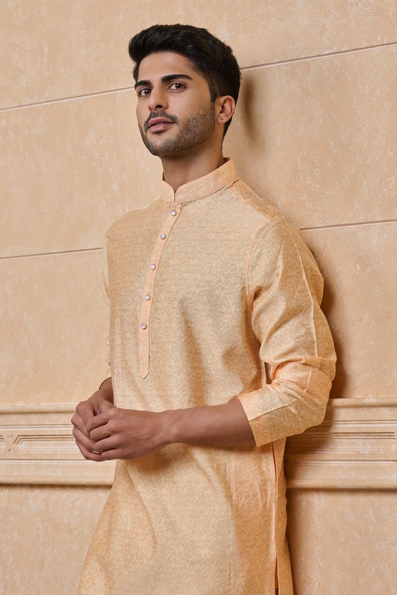 Peach Floral Jacquard Kurta Set