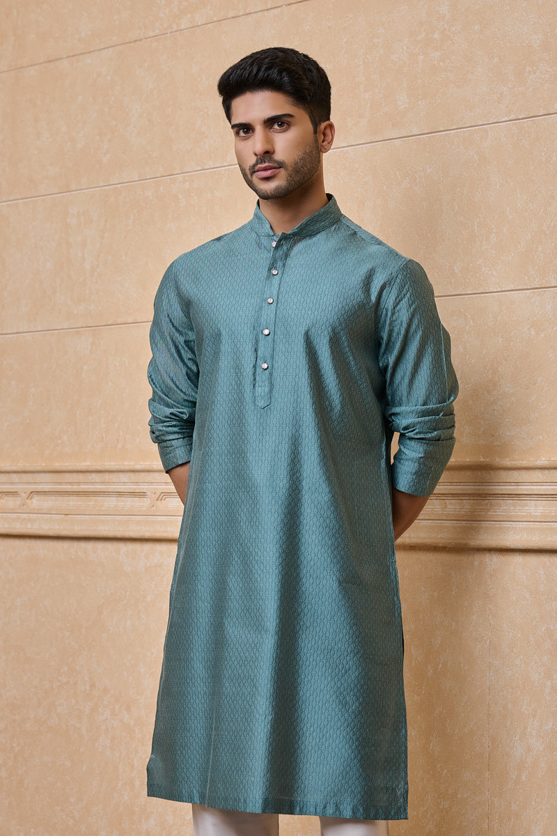 Aqua Jacquard Kurta Set In Geometrical Pattern