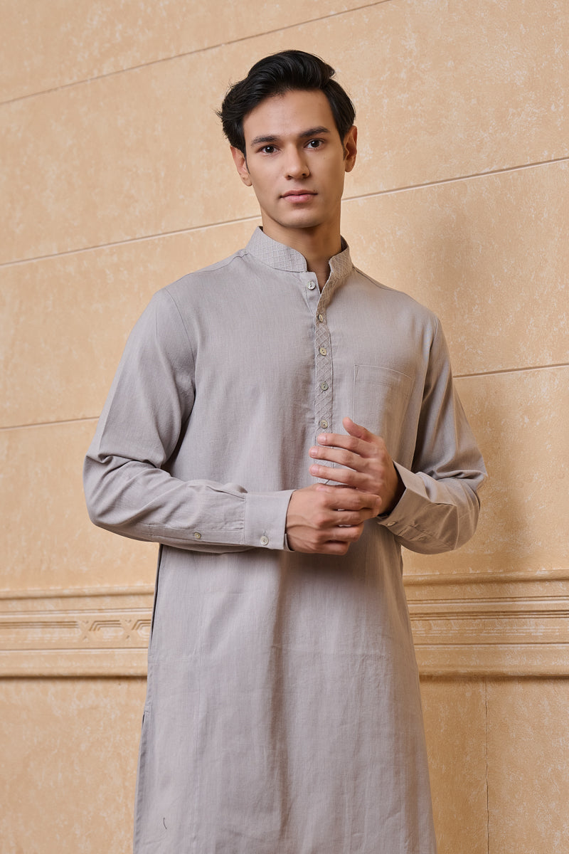 Light Grey Single Kurta With Textured Collar
