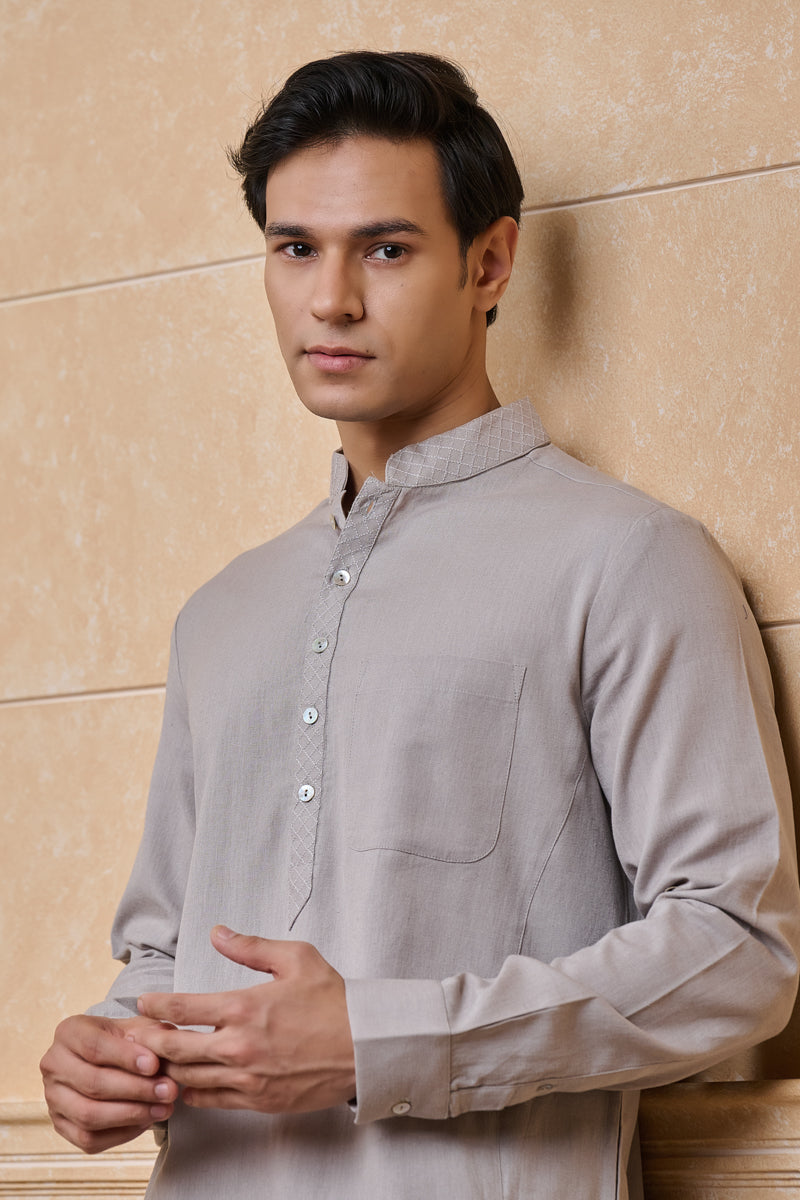 Light Grey Single Kurta With Textured Collar