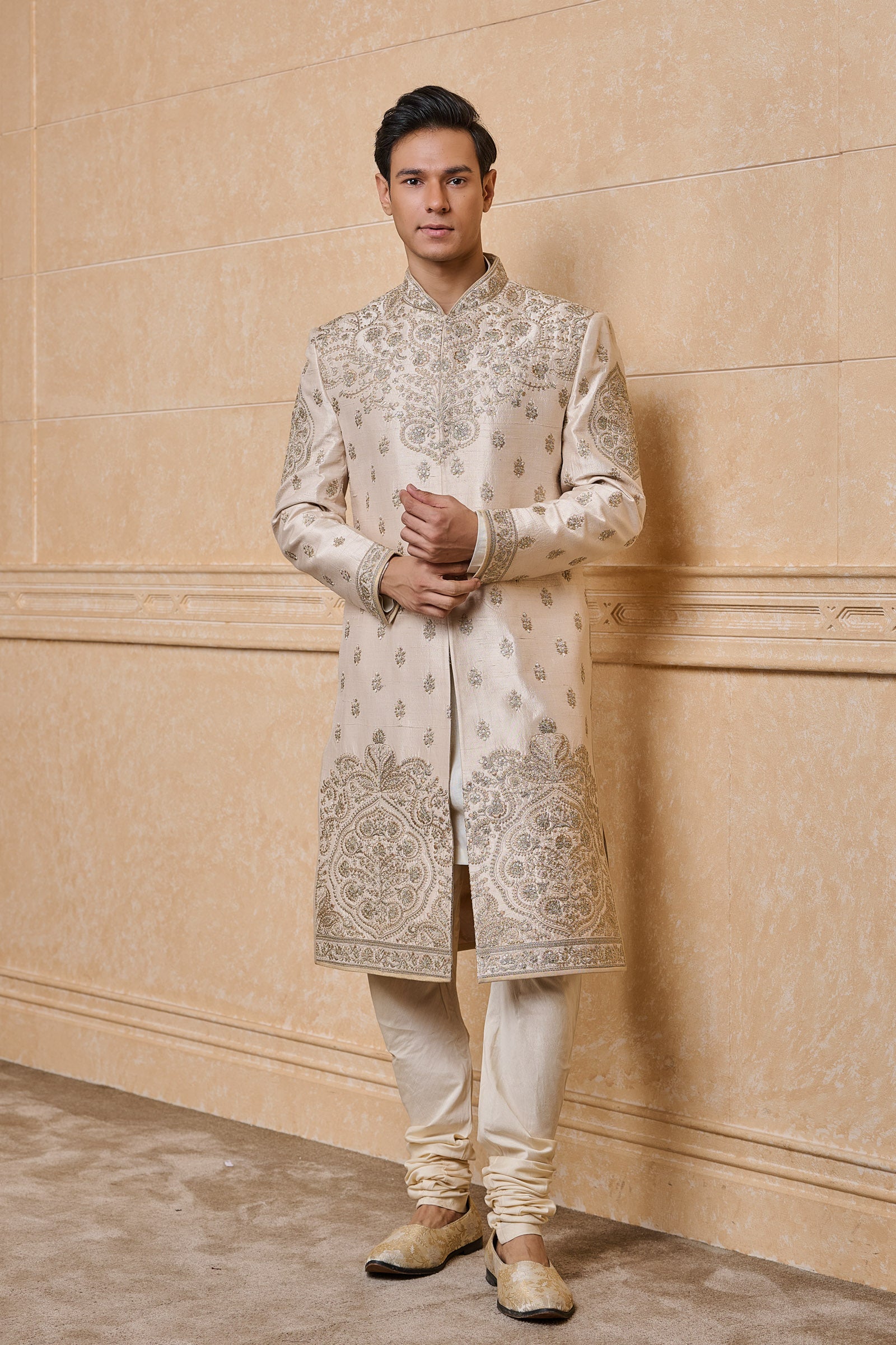 Ivory Raw Silk Sherwani With Placement Embroidery