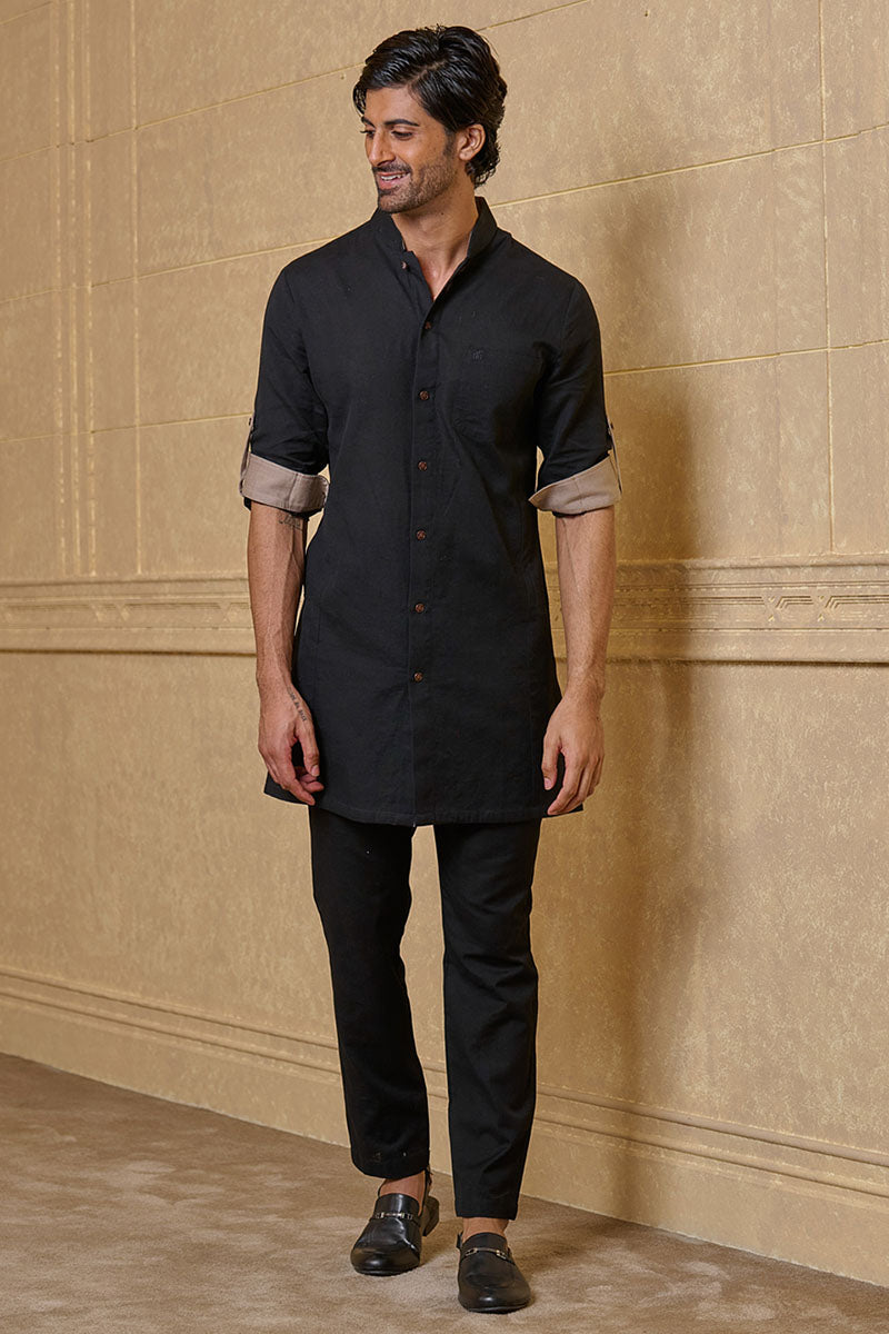 Black Shirt Style Kurta Set With Pocket Detail