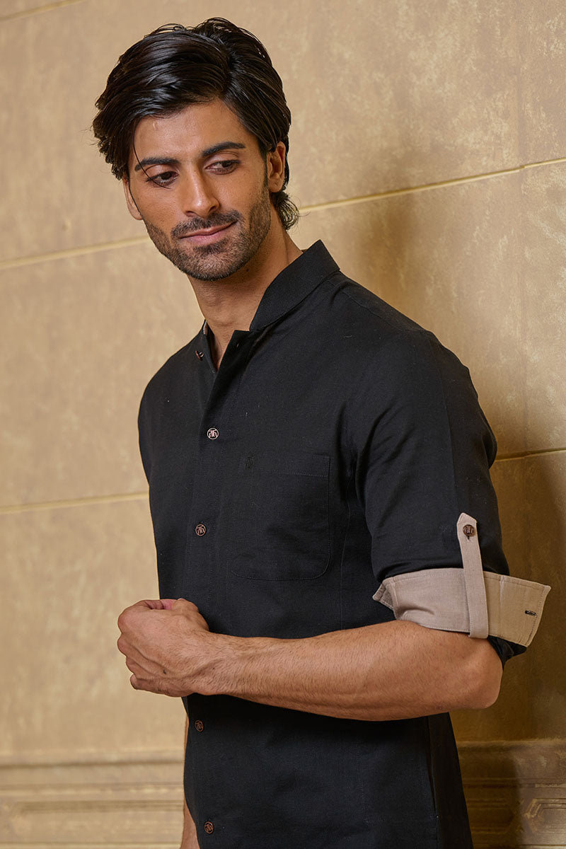 Black Shirt Style Kurta Set With Pocket Detail