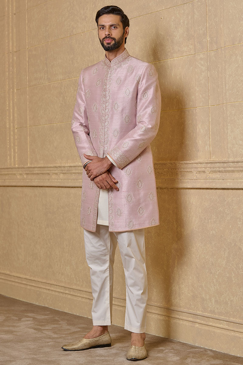 Pink All Over Embroidered Silk Achkan