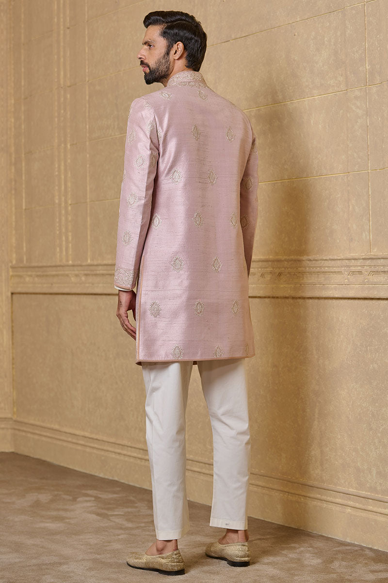 Pink All Over Embroidered Silk Achkan