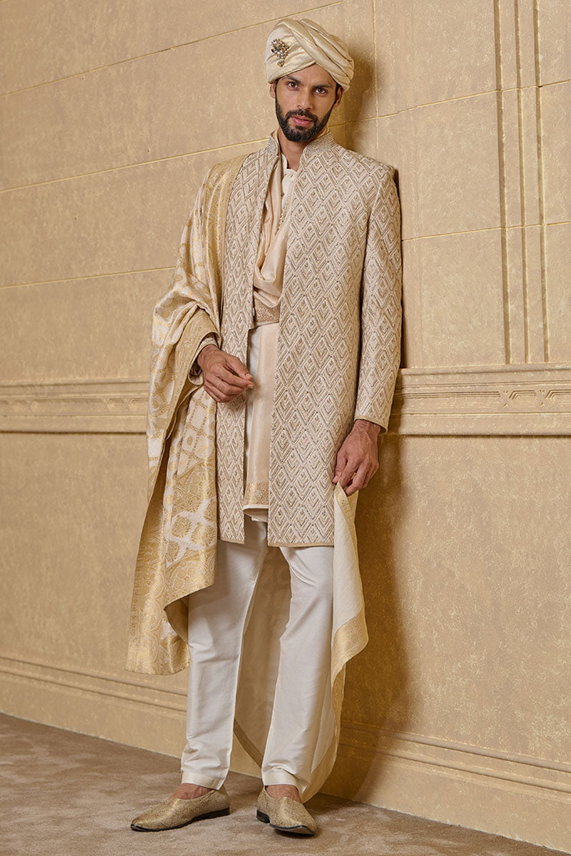 Ivory Sherwani With All-over Pitta Embroidery