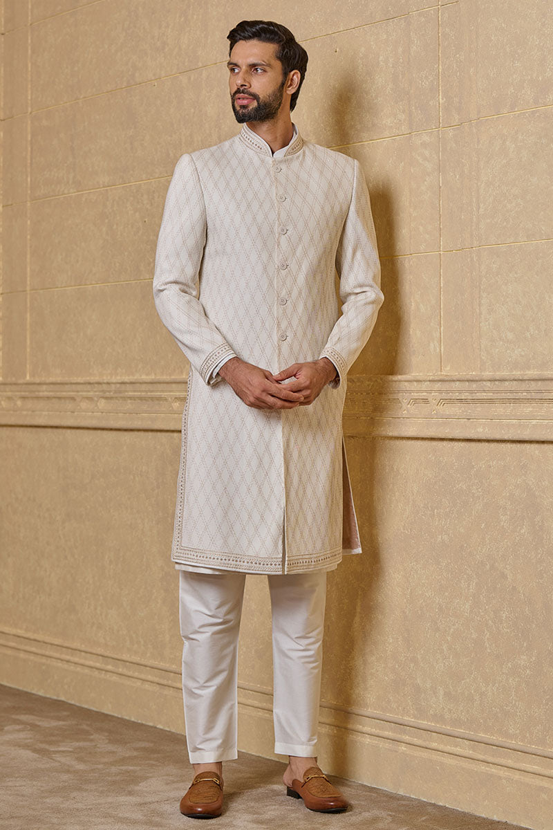 White Textured Sherwani With Aari Embroidery