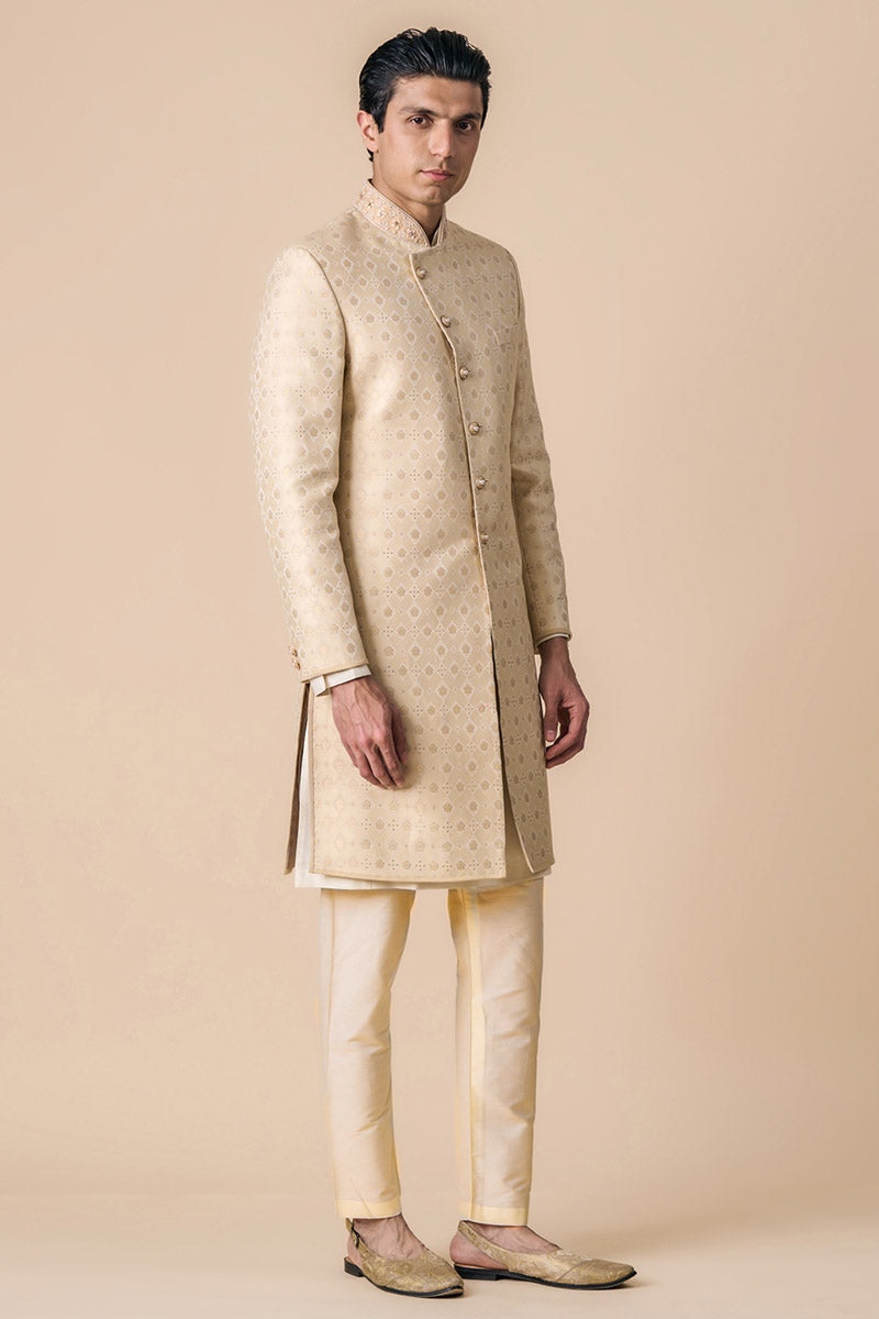 Gold Brocade Achkan With Embroidered Collar