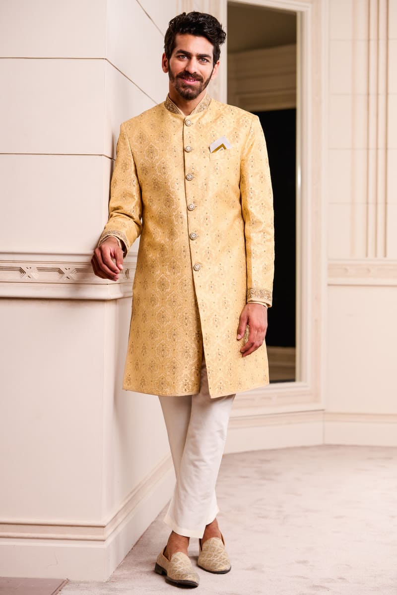 Gold Classic Brocade Achkan With Resham Embroidery
