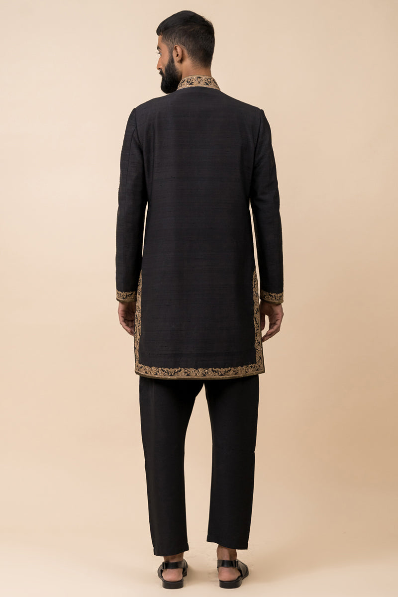 Black Achkan With Zardozi Embroidery Highlights
