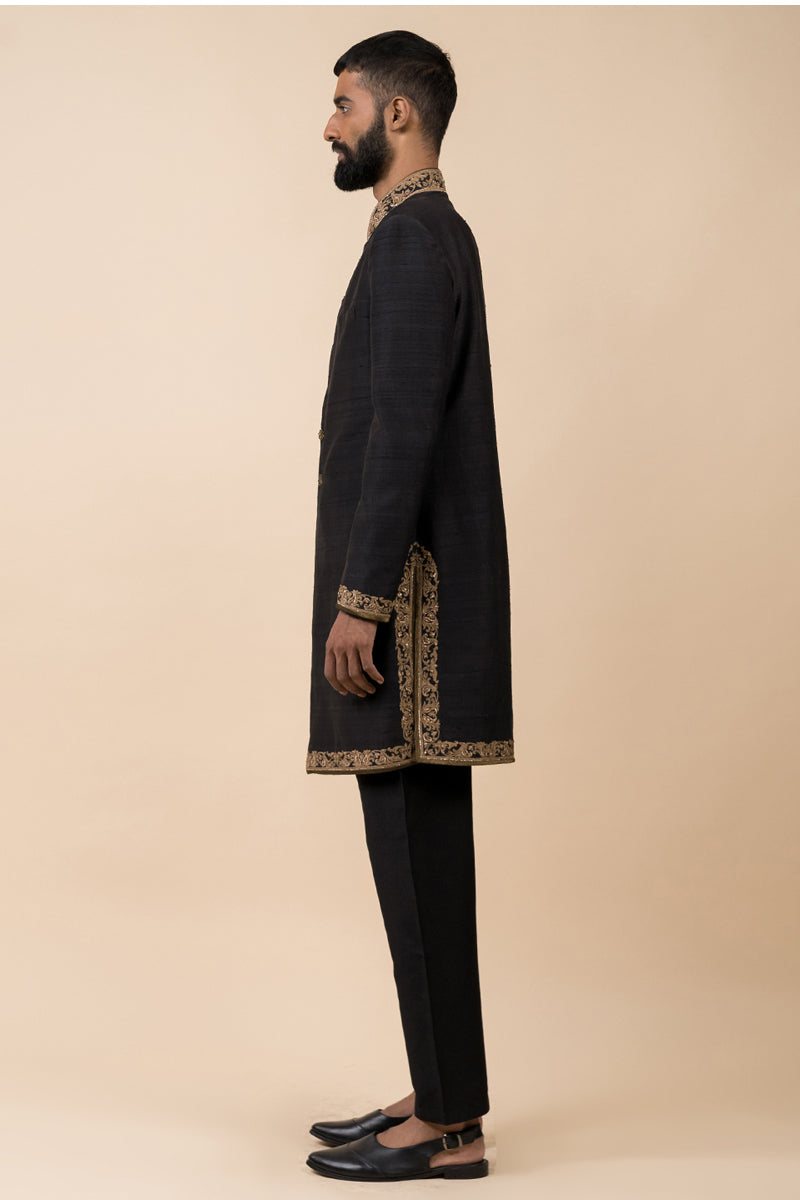 Black Achkan With Zardozi Embroidery Highlights