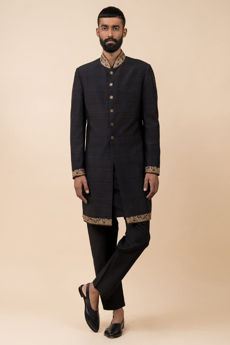 Black Achkan With Zardozi Embroidery Highlights