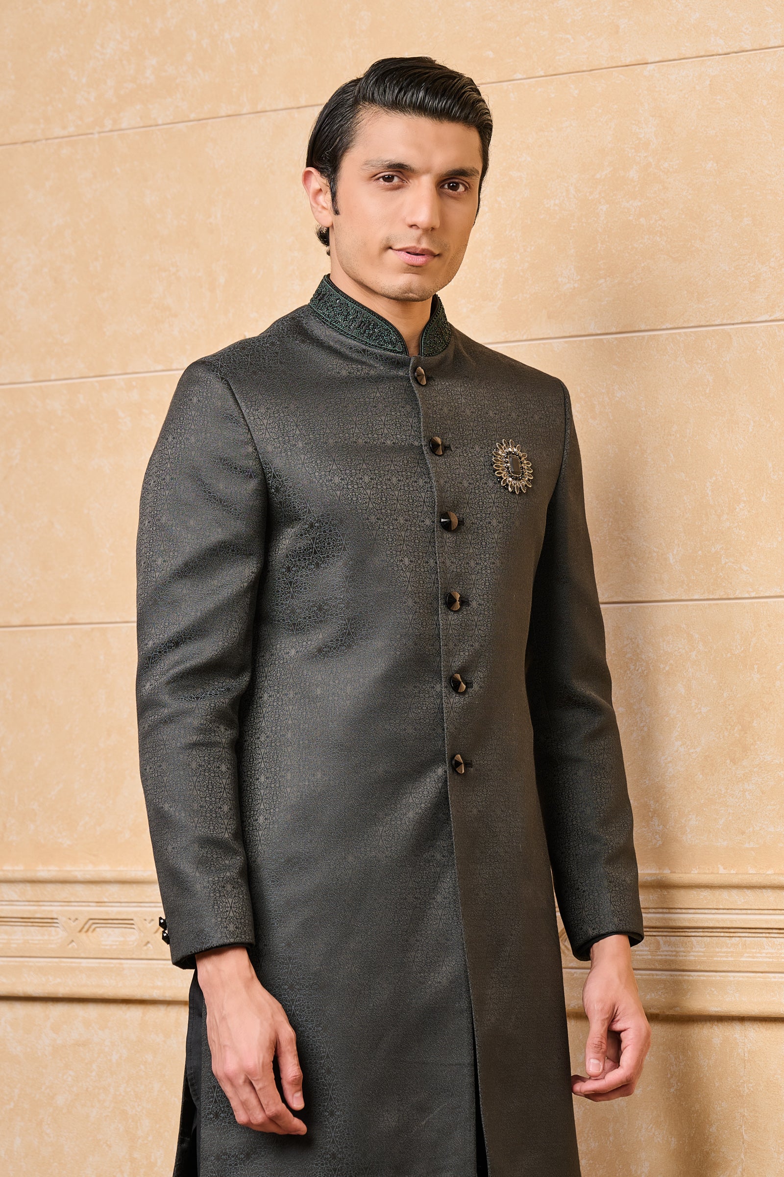 Black Classic Achkan With Embroidered Collar