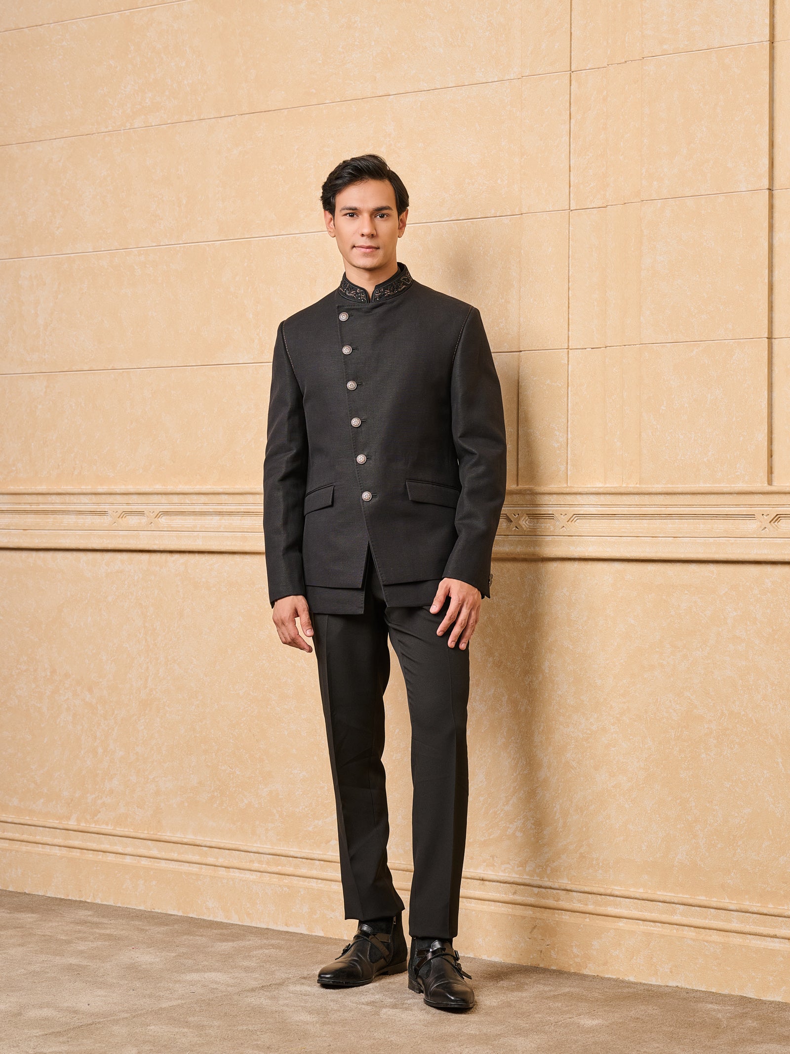 Black Asymmetric Linen Bandhgala