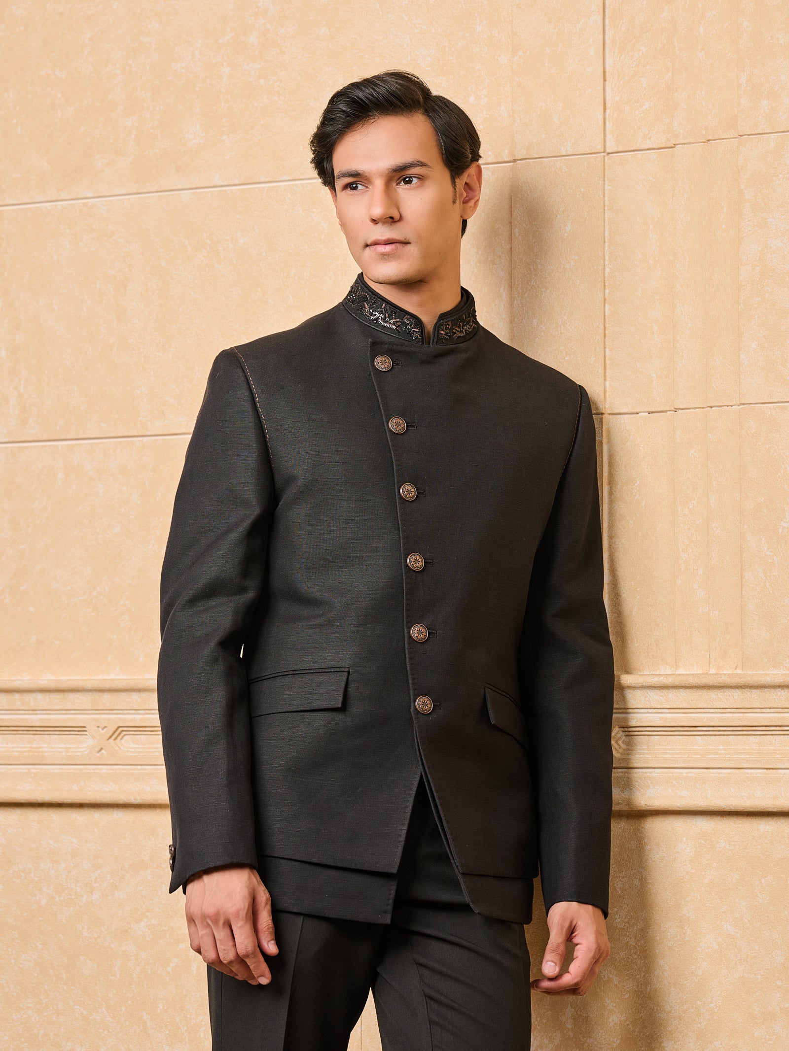 Black Asymmetric Linen Bandhgala