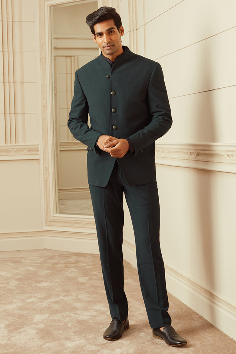 Green Plain Stretch Bandhgala With Built Up Neck