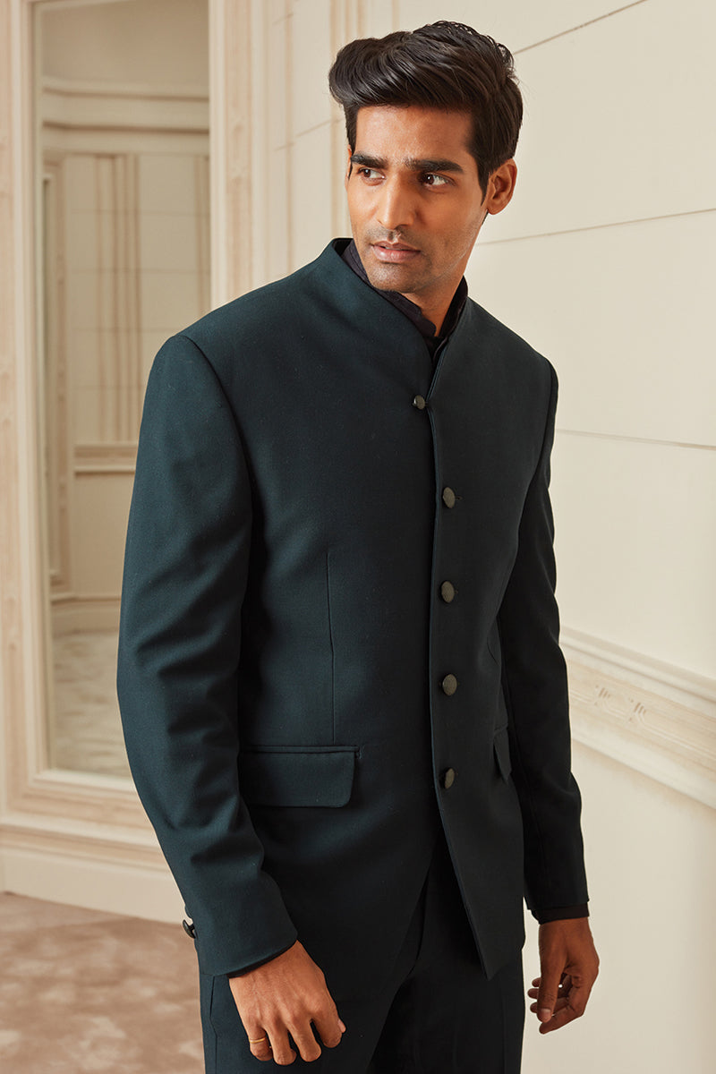 Green Plain Stretch Bandhgala With Built Up Neck