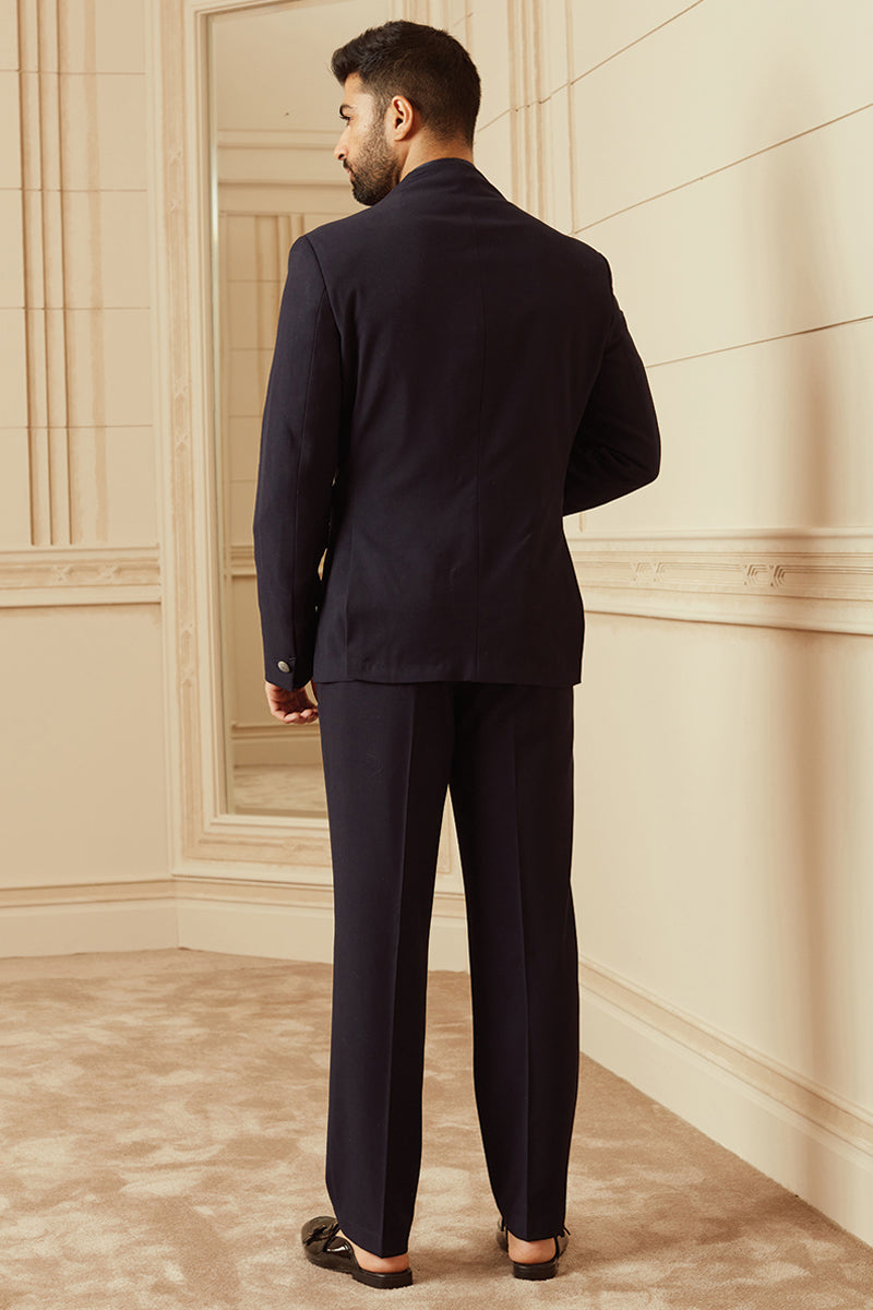 Navy Plain Stretch Bandhgala With Built Up Neck