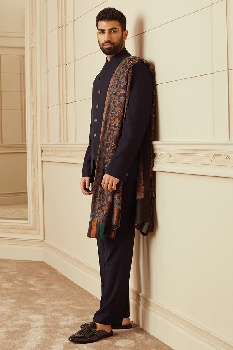 Navy Plain Stretch Bandhgala With Built Up Neck