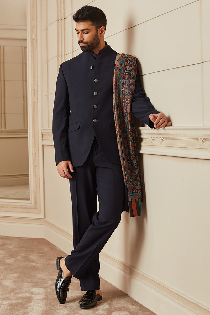 Navy Plain Stretch Bandhgala With Built Up Neck