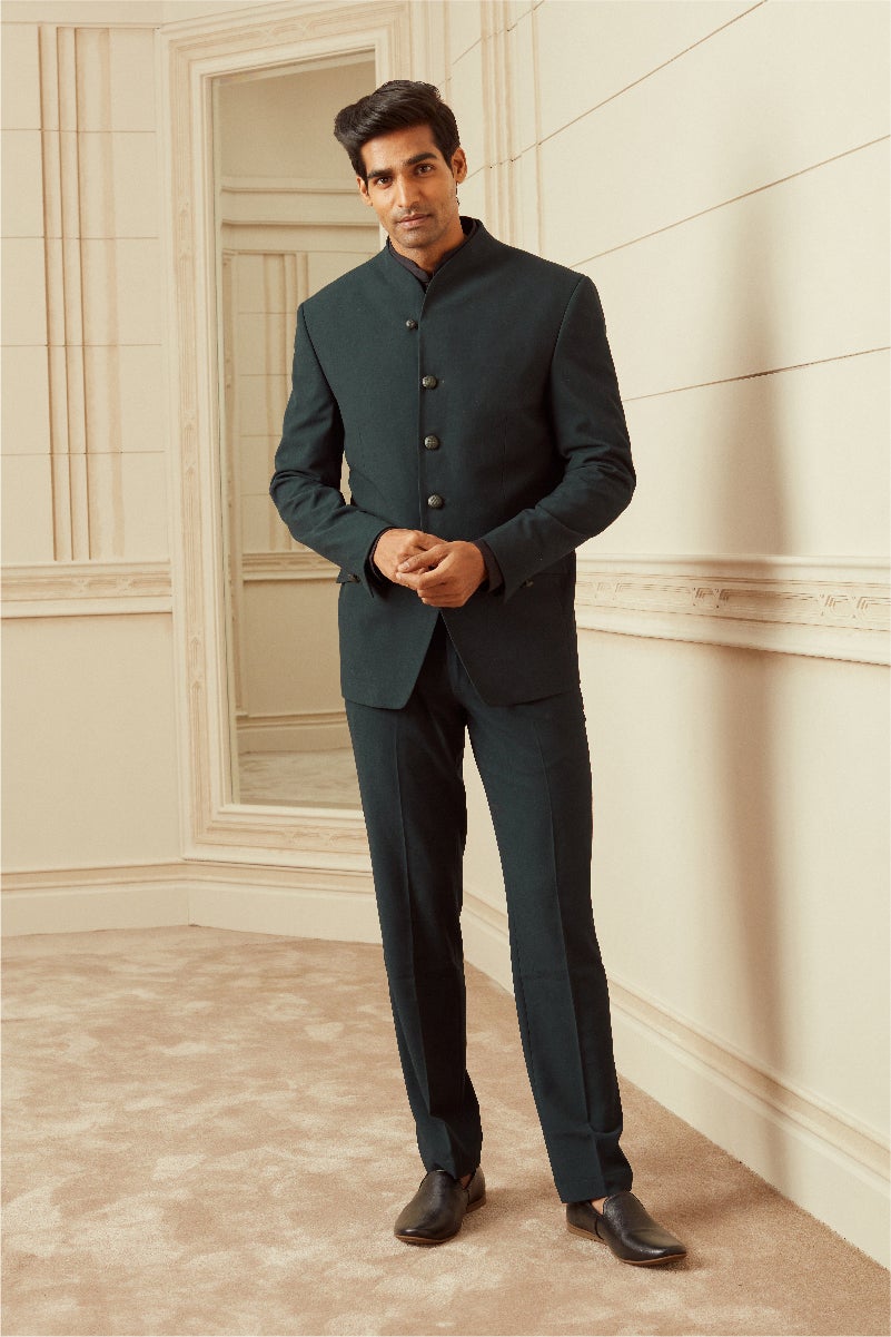 Green Plain Stretch Bandhgala With Built Up Neck