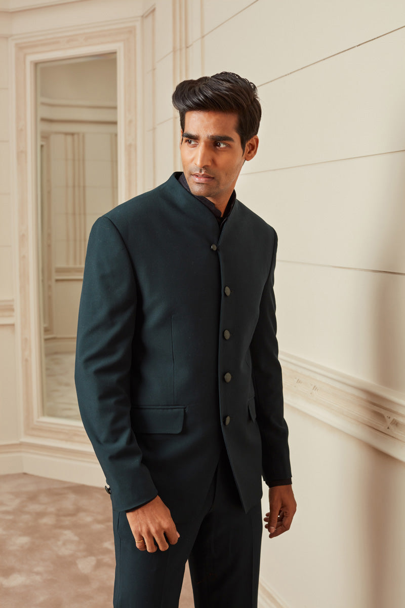 Dark Green Plain Stretch Bandhgala With Built Up Neck
