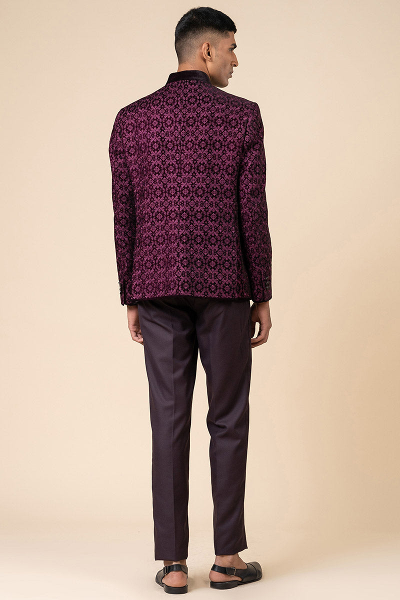 Wine All Over Embroidered Velvet Bandhgala