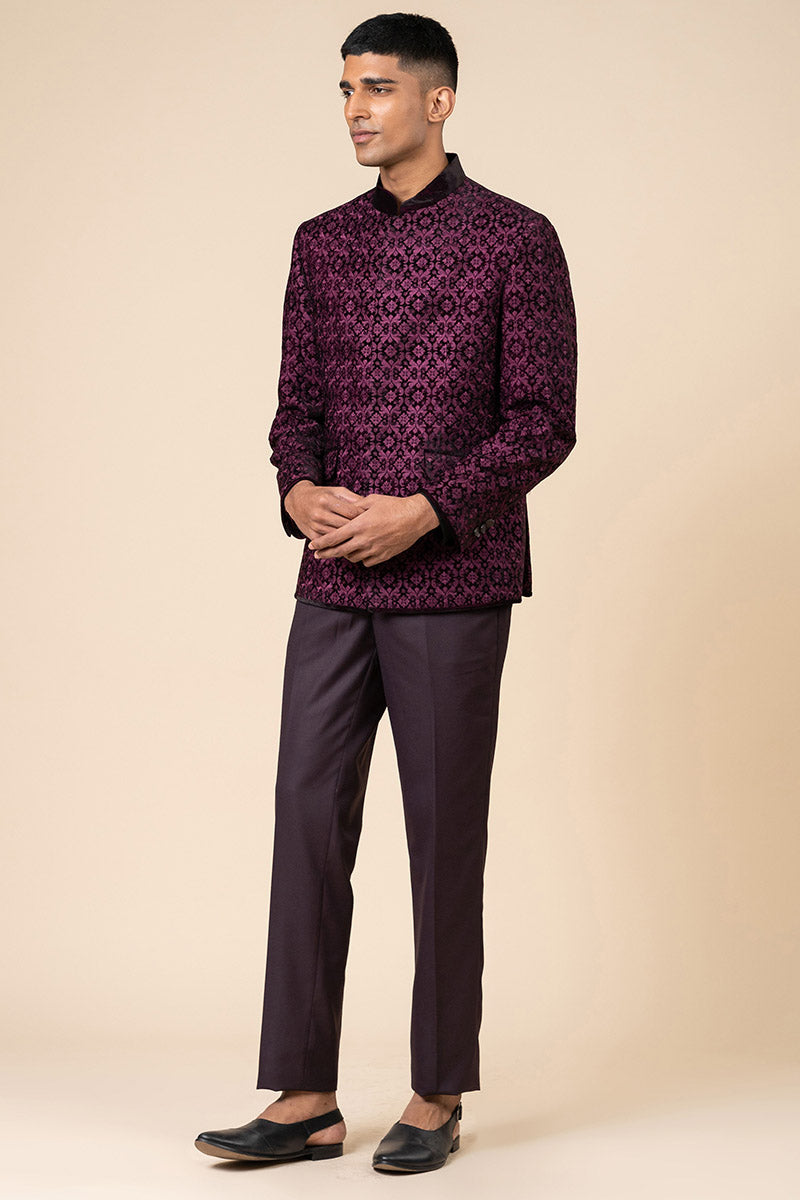 Wine All Over Embroidered Velvet Bandhgala