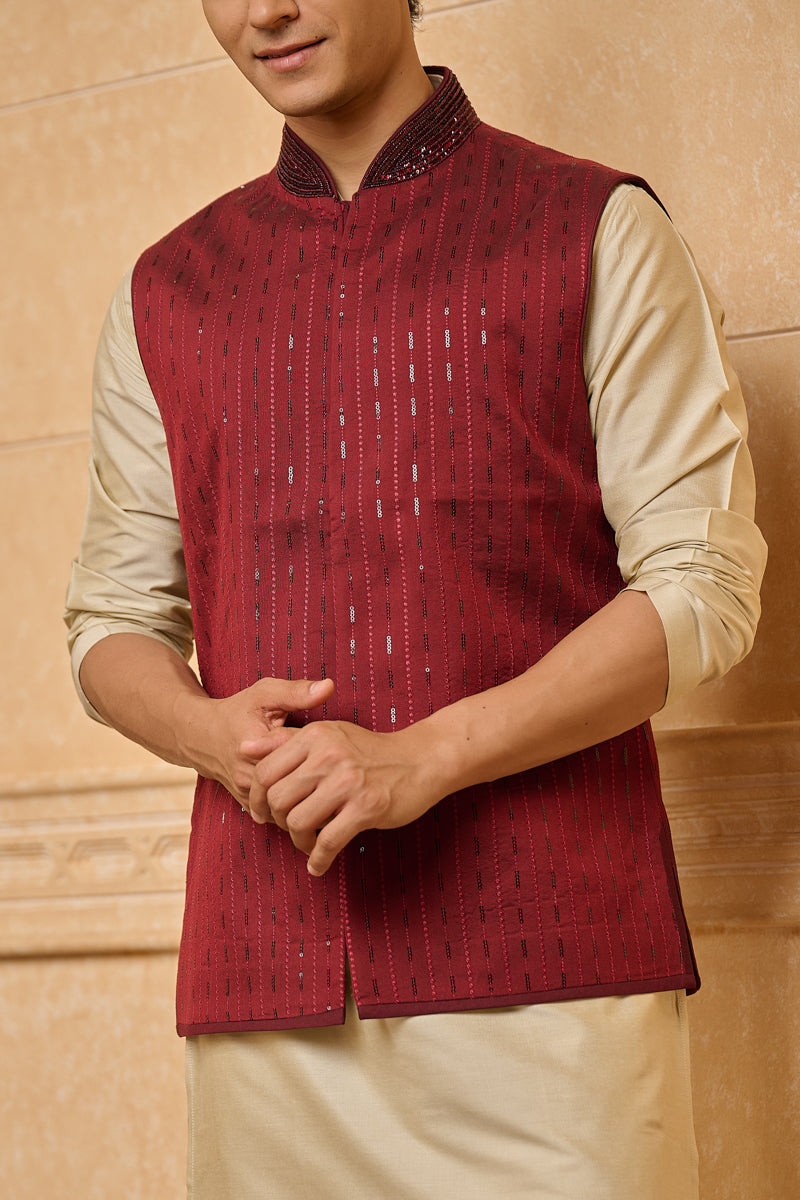 Wine All Over Embroidered Bundi